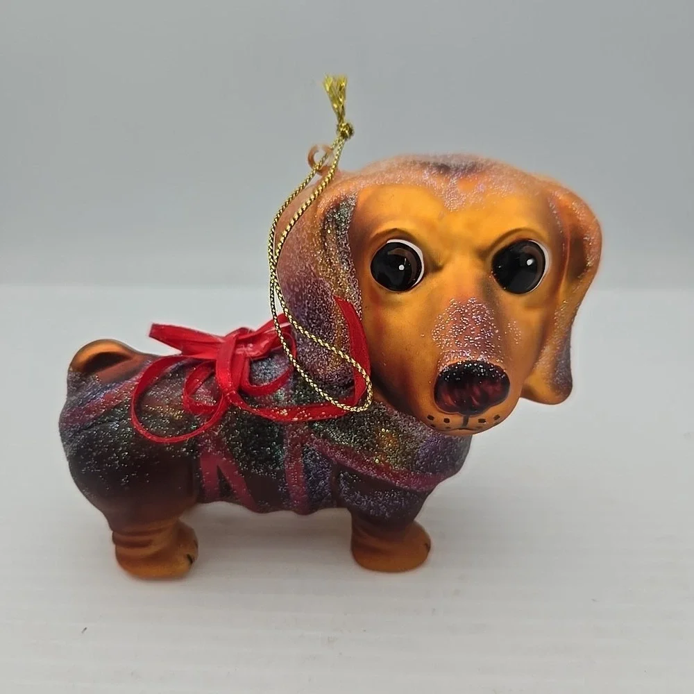 Gift‎ Wrapped Dachshund Puppy Dog Christmas Hanging Glass Ornament Figure 4.5